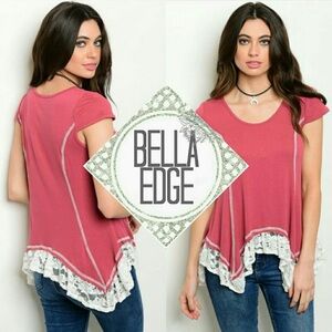 2/$30 Rust Red Short Sleeve Top with White Lace Detailing